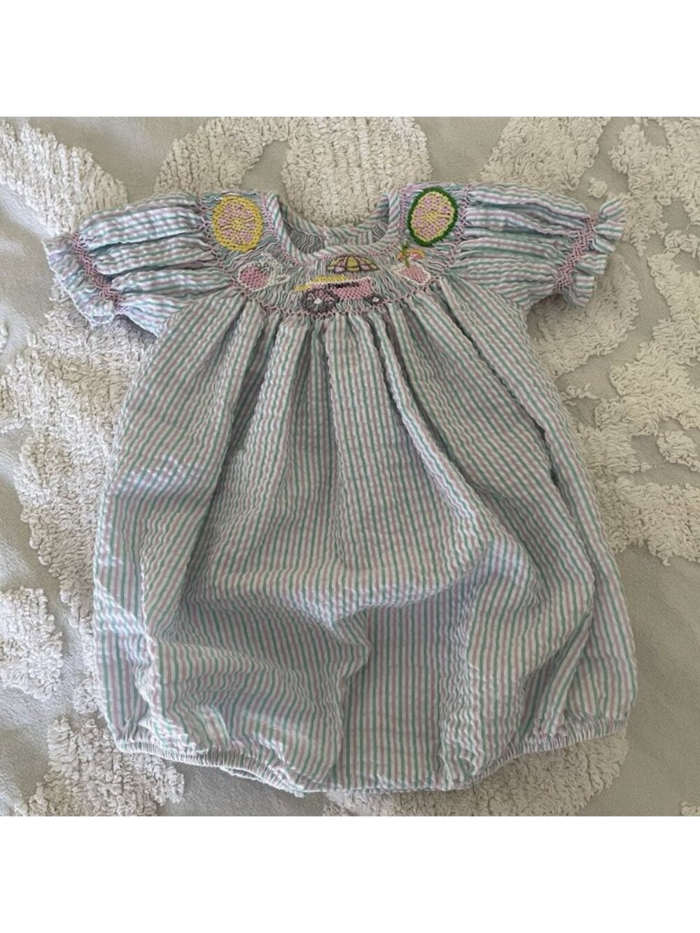 Mom & Me Smocked Bubble Romper Girl New Born Seersucker Lemonade